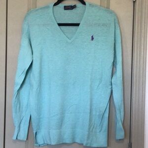Ralph Lauren Aqua V-Neck Sweater with Purple Logo
